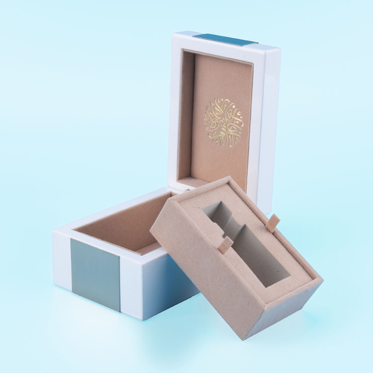 Small And Elegant White Painted Wooden Perfume Box Packaging Box with Brushed Stainless Steel Accessories product reference