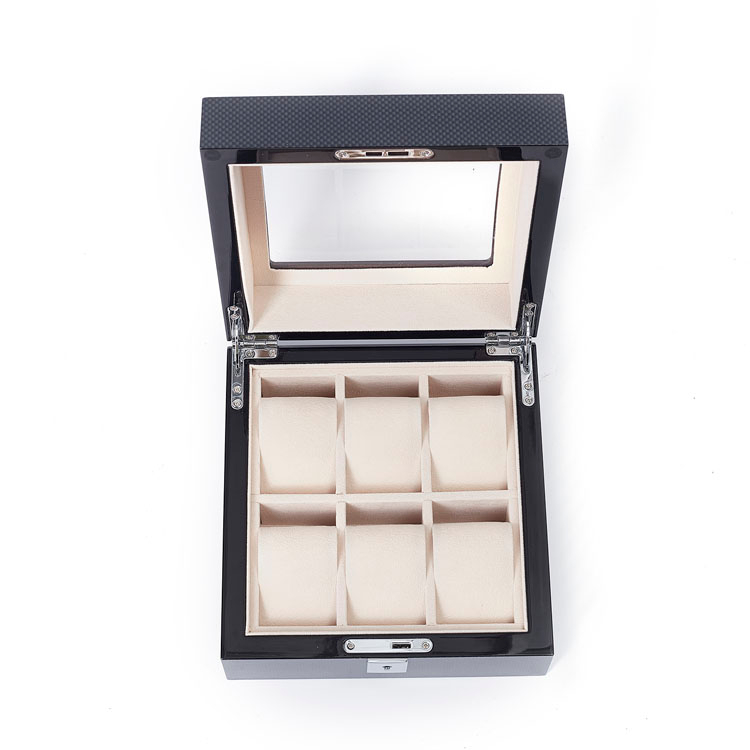 Eco-Friendly Wooden Watch Display Box, Carbon Fiber Finish 6 Compartments Lockable Wristwatch Organizer Case With product reference
