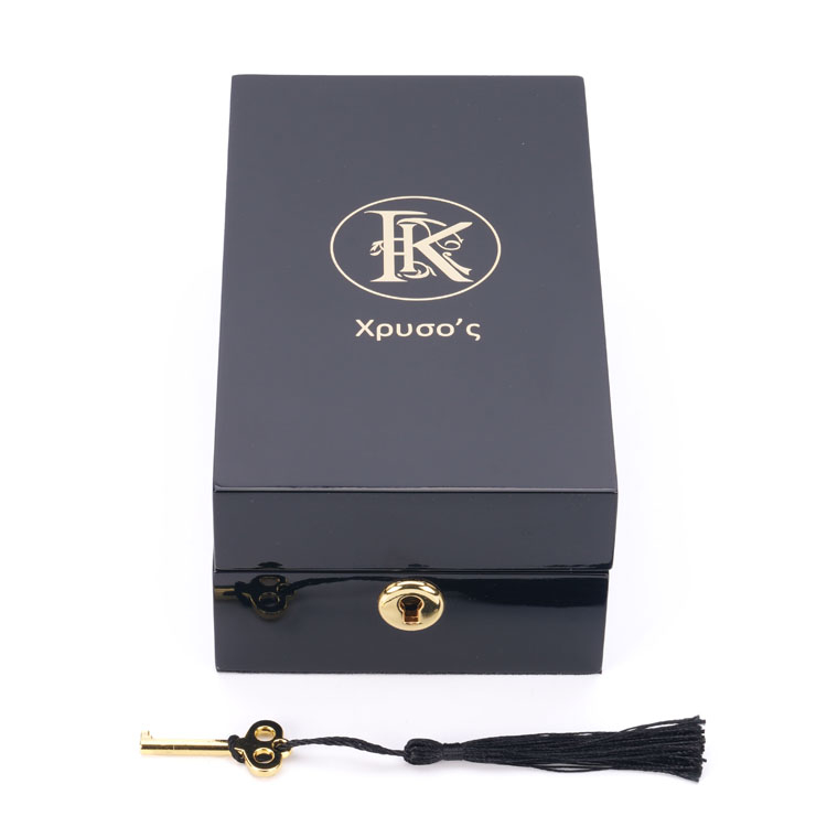 Gold Metal Logo Embedded in Black Piano Paint Perfume Wooden Box Packaging product reference