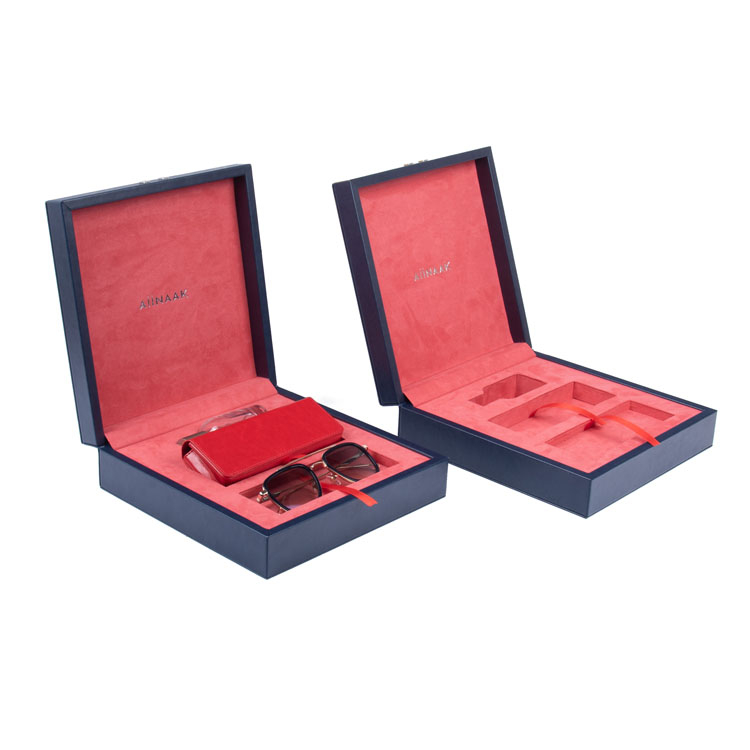 Designer Luxury Logo Blue Red Leather Proof Velvet PU Wood Sunglasses Set Packaging Boxes product reference