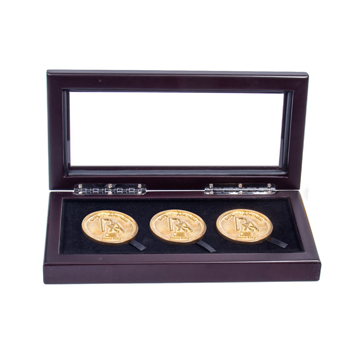 Luxury Polished Wooden Coin Presentation Box with Transparent Window | Holds 3 Coins Velvet Lining product reference