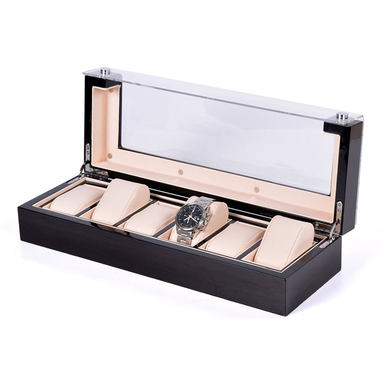 Luxury Black 6 Slots Display Wooden Watch Storage Box With Leather Pillow product reference