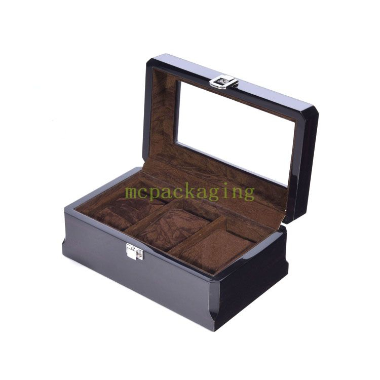 High End Black 3 Slots Display Wooden Watch Packaging Storage Box With Clear Window wood product reference