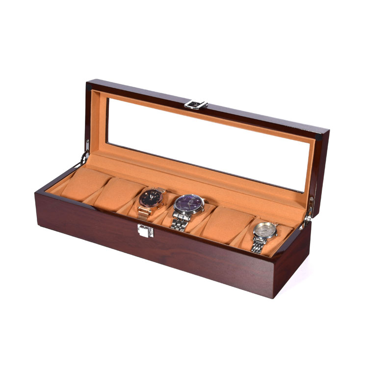 Wholesale Brown 6 Slot Watch Presentation Packaging Box With Clear Window Wooden Watch Box 6 product reference