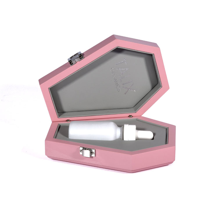 Silver Double Column Hinge Japanese Lock Pink PU Leather Interior Creative Hexagonal Coffin-shaped Perfume Wooden product reference