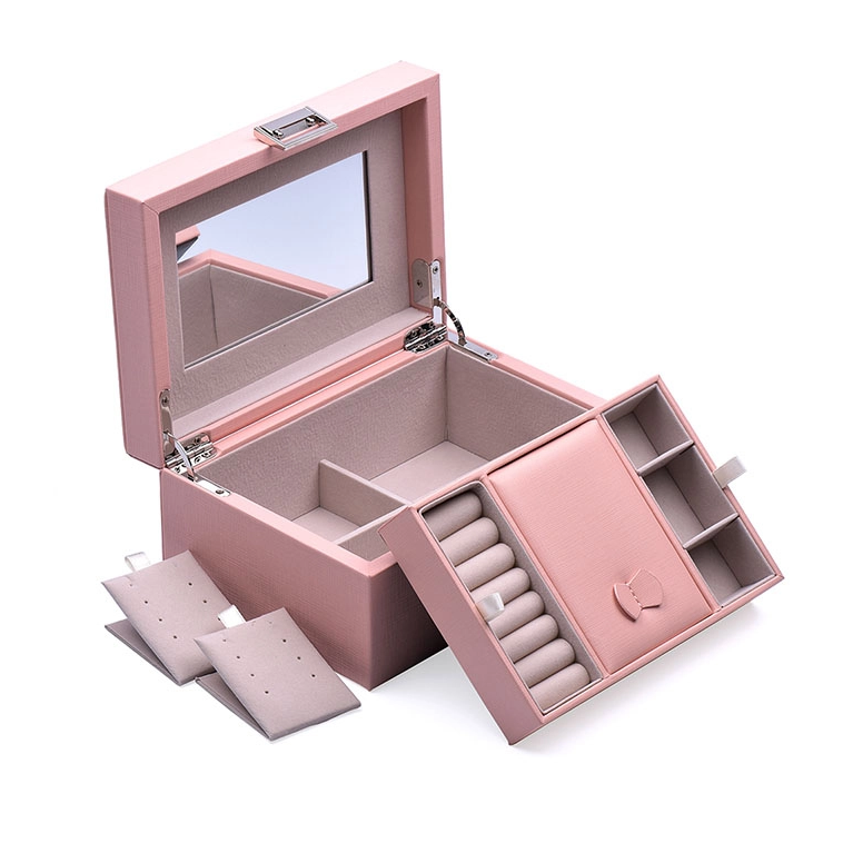 Open pink jewelry presentation box with fitted compartments